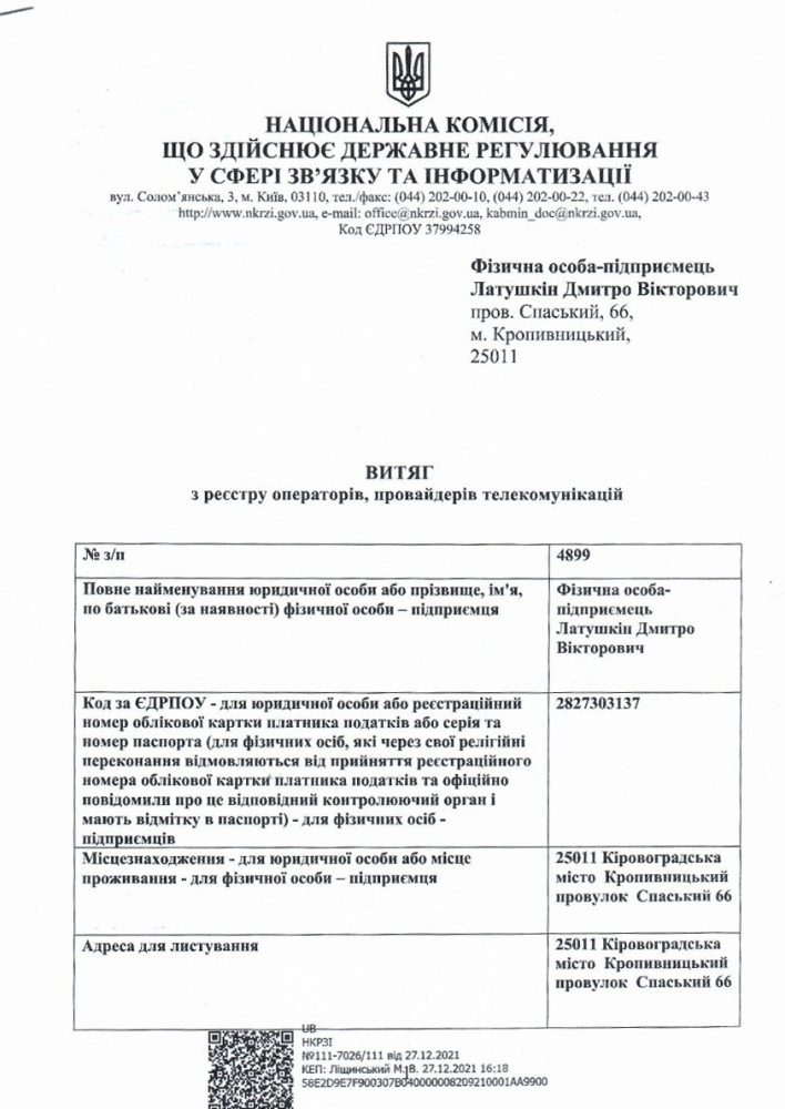 Виписка з реєстру операторів