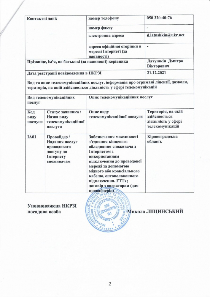 Виписка з реєстру операторів